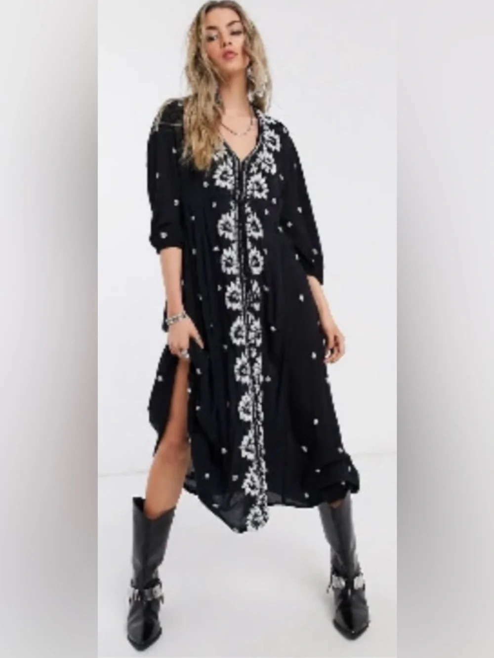 Free People Embroidered Fable V-Neck‎ Empire Waist Midi Dress Black Size Small